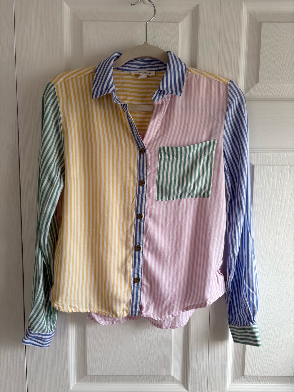 Beach Lunch Lounge Yellow Pink Stripe Button Shirt Cover Up XS Resort Beach Soft